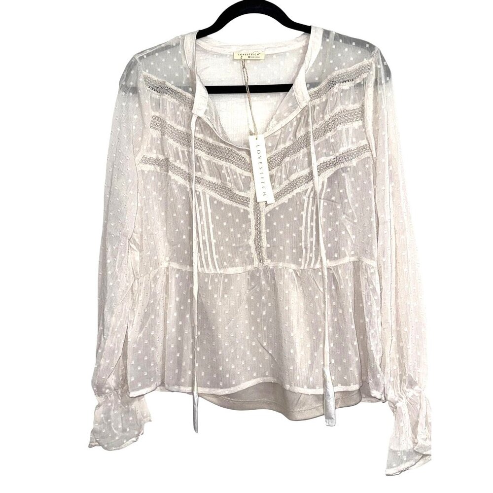 Lovestitch Ivory Sheer Swiss Dot Lace-Paneled Long Sleeve Blouse With Ties Women
